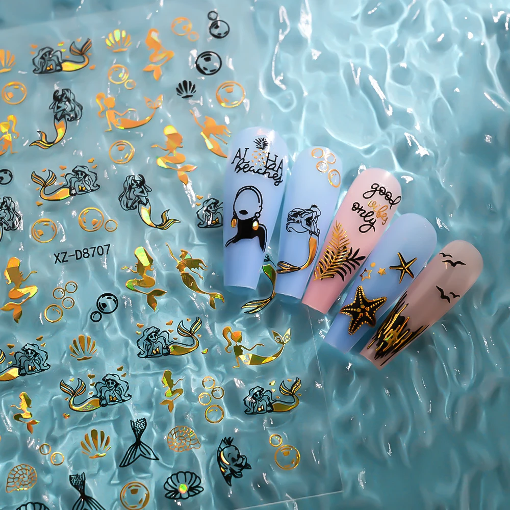 12PC noir or coquillage/étoile de mer autocollant pour ongles 3D Laser été cocotier/sirène/lettre autocollant pour ongles bricolage plage-thème NailSlider