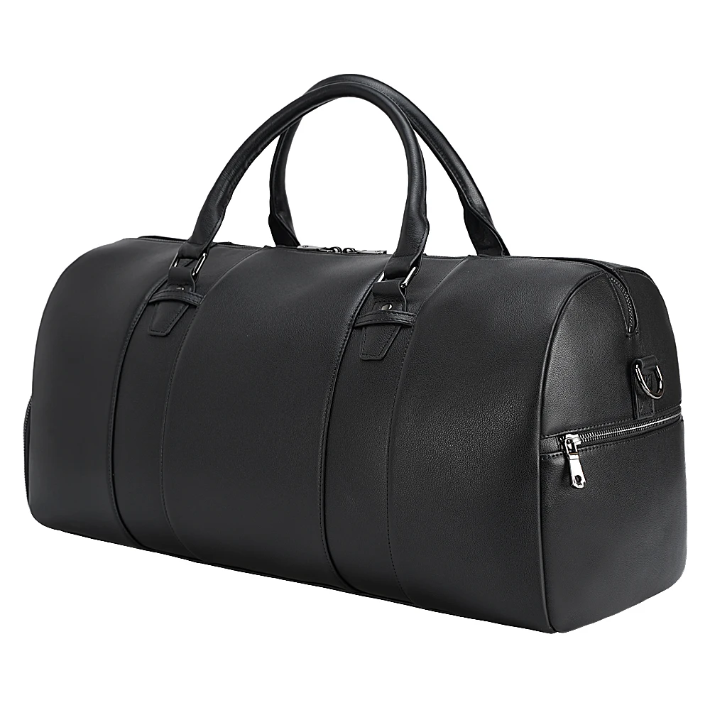 Custom Brand Black Calf Leather Weekender Overnight Gym With Shoe Compartment Top Layer Leather Duffel Traveling Bag