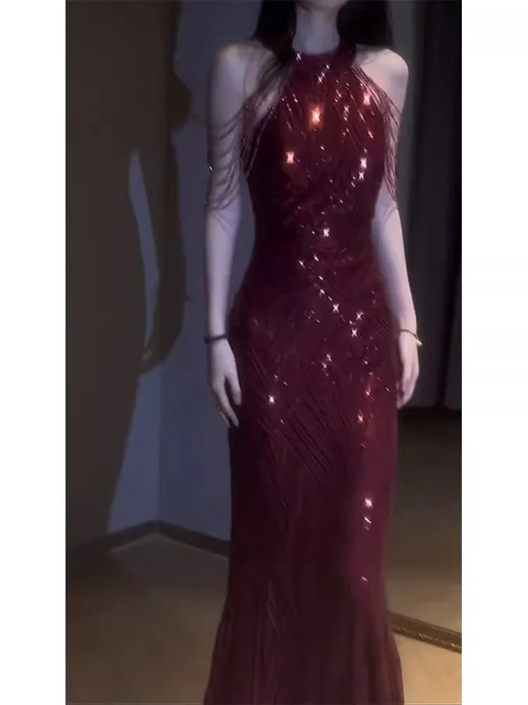 

Ele Red Wine Color Bridal Dr Host Evening Gown Lightweight Luxury High Waist Fi Tail Ne Hanging Long Skirt