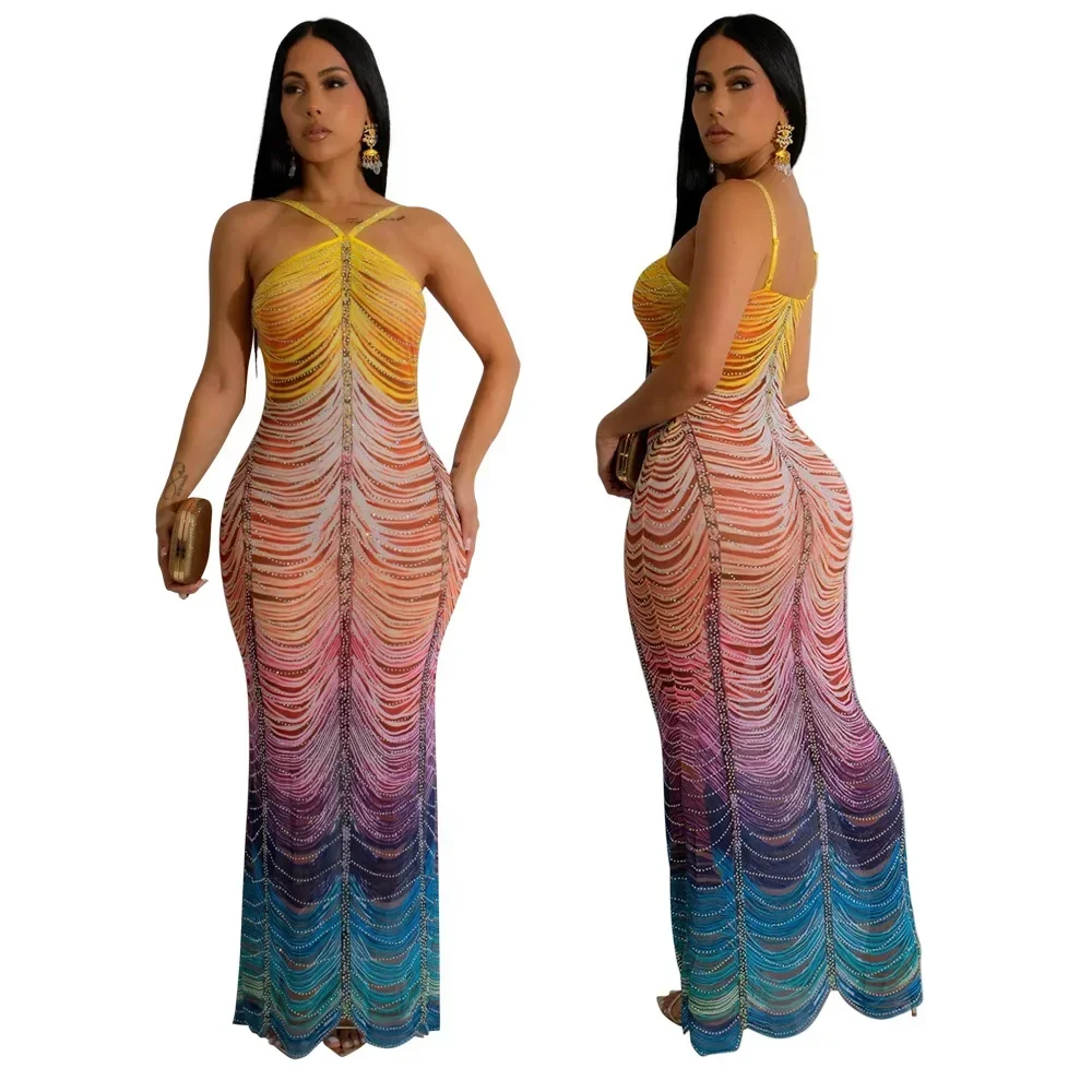 2024 Beach Tie Dye Print Diamonds Strap Halter Women\'s Long Dress Sexy Night Party Sleeveless Bodycon Pencil Dresses