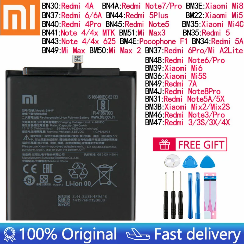 Original Battery Xiaomi Mi Redmi Note Max Mix 2 3 3S 3X 4 4X 4A 5 5A 5S 5X M5 6 6A 7 7A 8 8T 9 9A SE M9 Plus Pro Lite batteries