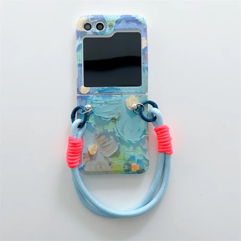 Blue Glossy Oil Painting Flower Phone Case for Samsung Galaxy Z Flip 6 5 4 3 Protective Back Cover for ZFlip4 ZFlip5 ZFlip6 Case image 5