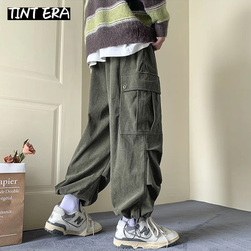 TINT ERA Corduroy Cargo Vintage Pants For Men Streetwear Cargo Trousers Male Joggers Hip Hop Green Black Japanese Pocket Korean