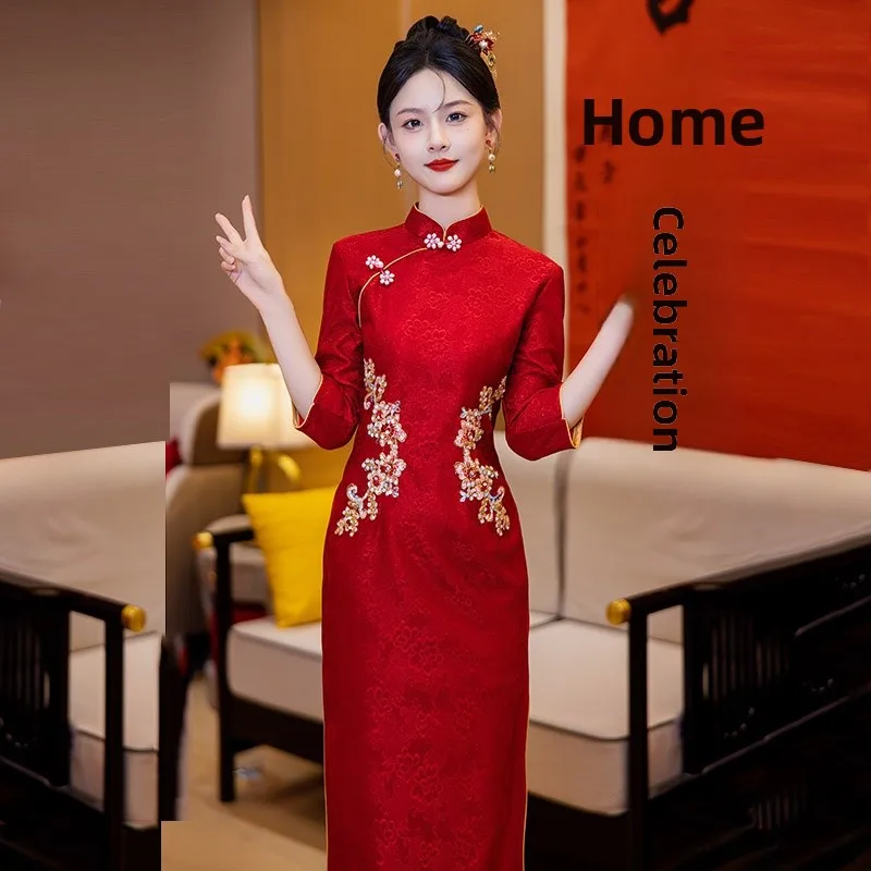 

Red Young Sle Reformed 2024 Wedding Dr for Women Engagement And Toasting Ceremony Chinese Traditional Costume