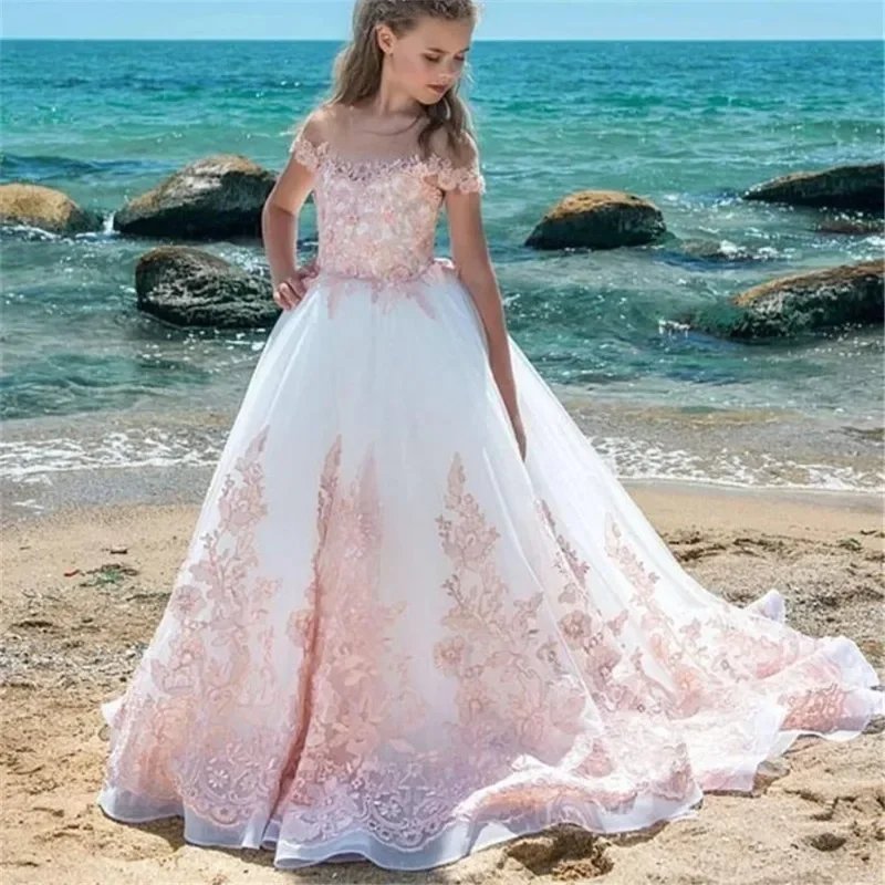 

Gorgeous Lace Flower Girl Dresses Pageant Applique Sheer Collar Birthday Party Communion Gowns Baptism Ball Evening Dress