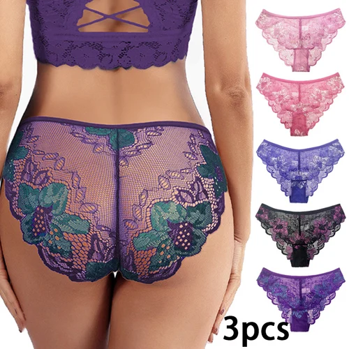 3 uds bragas de mujer, ropa interior Sexy de encaje para niñas, ropa interior bonita de talla grande, bragas transpirables de cintura baja sin costuras para mujer