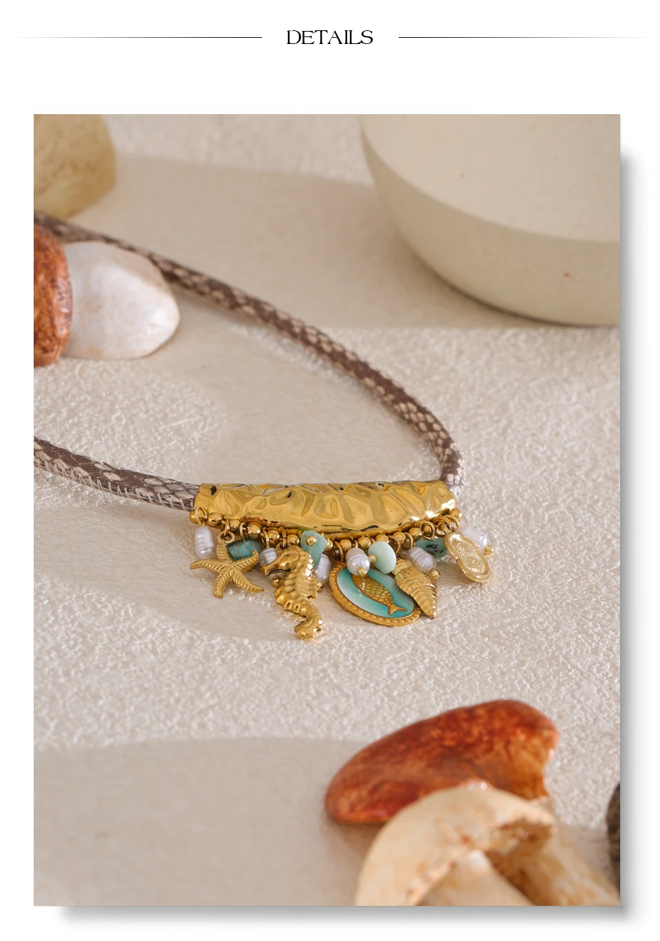Yhpup Exklusives Design, handgefertigter Schmuck, Perlen im Ozean-Stil, Seestern, Muschel, Fischtropfen-Halskette, exquisiter Edelstahl-Schmuck – Detail 17