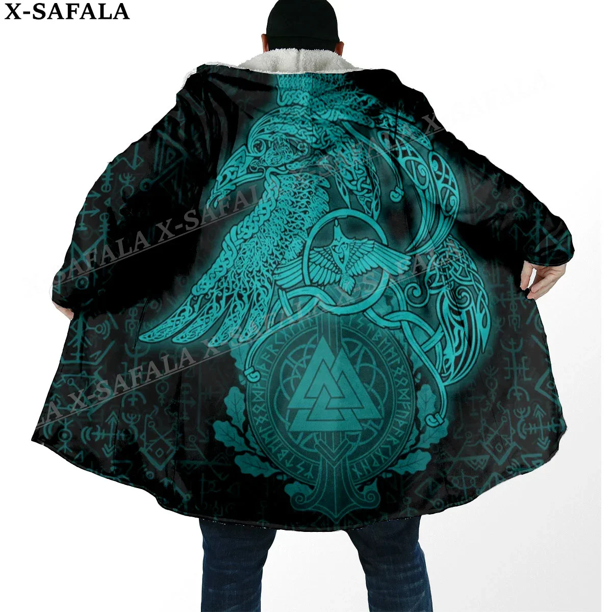 Norse Mythology Vegvisir Viking Symbol Thick Warm Hooded Cloak Men Overcoat Coat Windproof Fleece Cape Robe Hooded Blanket-255