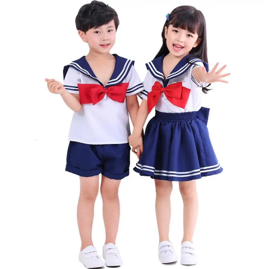 

Children JK School Uniform Navy Collar Sailor Cosplay Costume Kids Girls Kindergarten Bow Tie Pleated Skirt Navy Dress and Pants