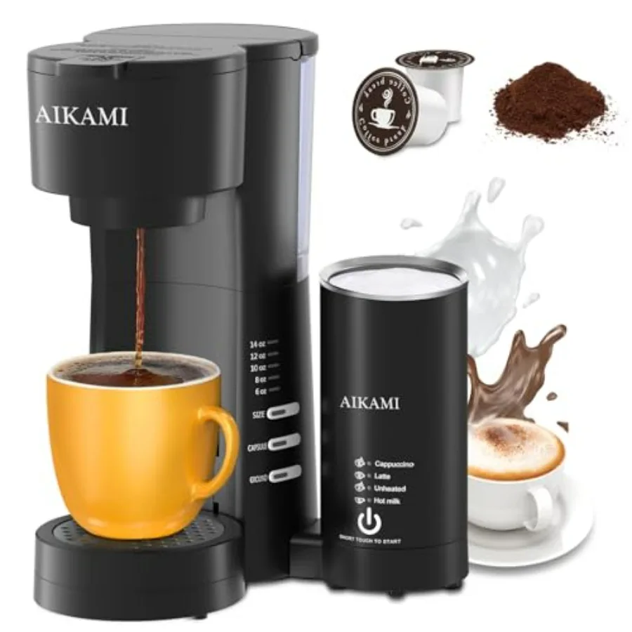 

Single Serve Coffee Maker for K Cup Ground Coffee with Milk Frother 6 to 14 Oz Brew Sizes Auto-Off Coffee Machine with Water Re