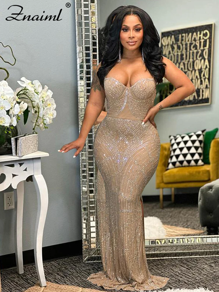 Znaiml 2023 Elegant Mesh Bodycon Maxi Dress for Women Sexy Spaghetti Strap Party Festivals Gown Crystal Glitter Evening Dresses