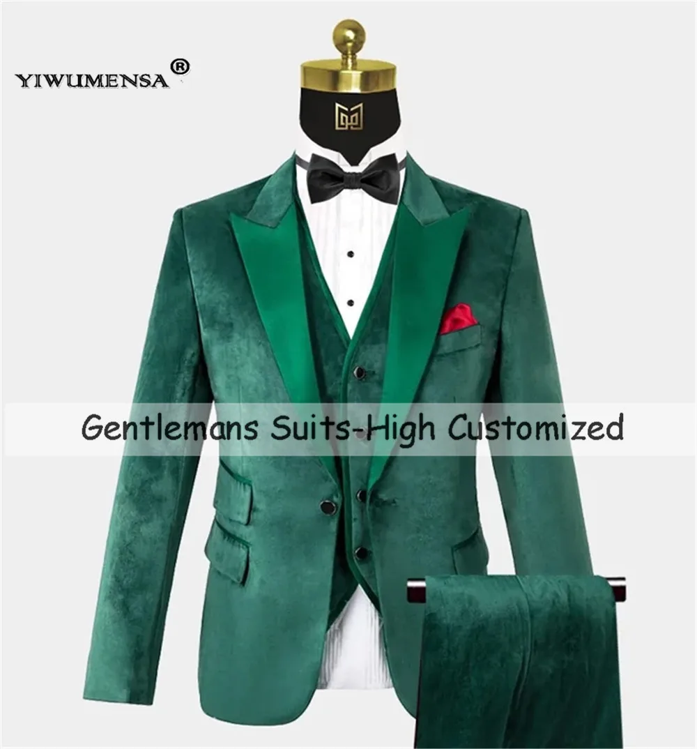 

Classic Velvet Suits Men For Wedding Single Breasted Jacket Vest Pants 3 Pieces Groom Tuxedos Customized Man Banquet Party Dress