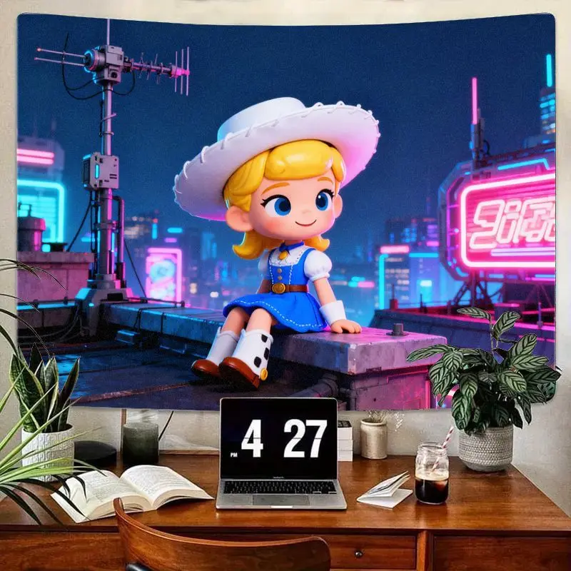 

1 шт., милый гобелен в стиле пастушки в стиле чиби, неоновый киберпанк, городской пейзаж, настенное искусство, эстетический декор комнаты из полиэстера, модный подарок для девочек, спальня