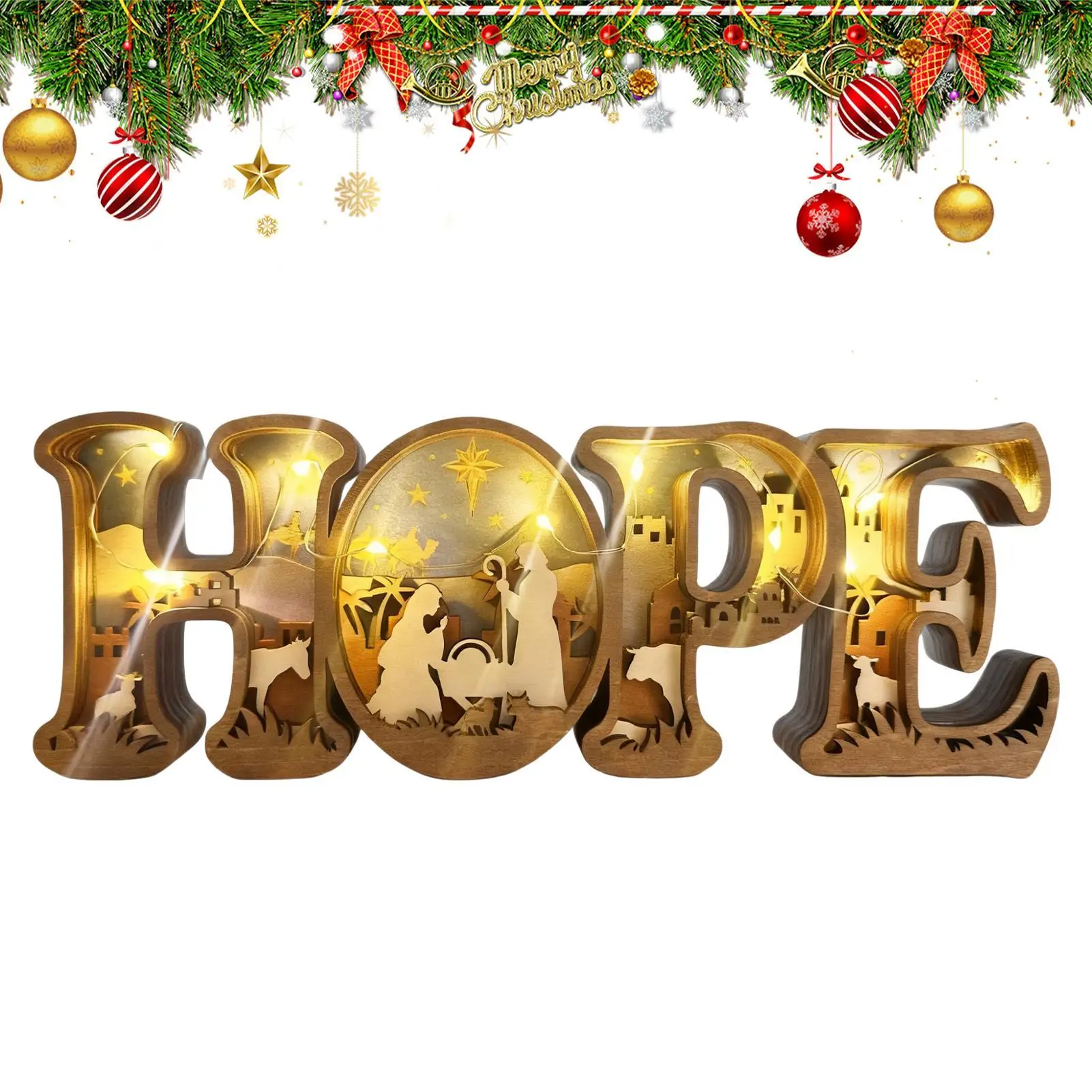 3D Wooden HOPE Letters Home Decor Nativity Manger Lamp Jesus Birth Horse Trough HOPE Alphabet Desktop Wooden Ornament