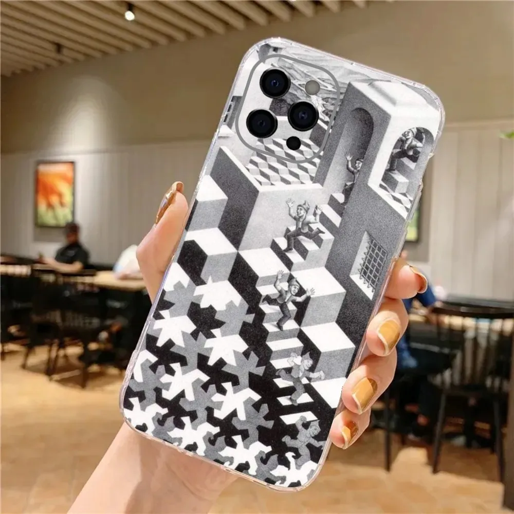 Art Escher Staircases Phone Case For iPhone 15,14,13,12,11 Plus,Pro,Max,XR,XS,X,7,8 Plus,SE,Mini Transparent Soft Cover