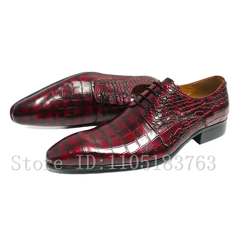 

Men New Red Printed Derby Shoes Luxury Design Genuine Leather Lace Up Formal Dress Shoes for Wedding Party Business Office