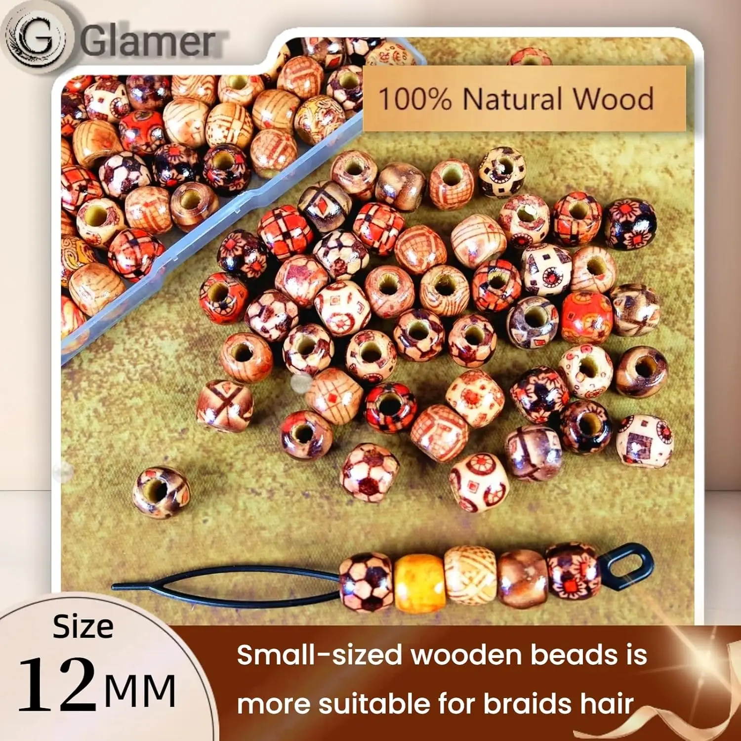 100 قطعة من خرز الشعر الخشبي للضفائر والمجدل، خرز خشبي طبيعي مطلي 12 مم لإكسسوارات شعر Loc Dreadlock للنساء #3