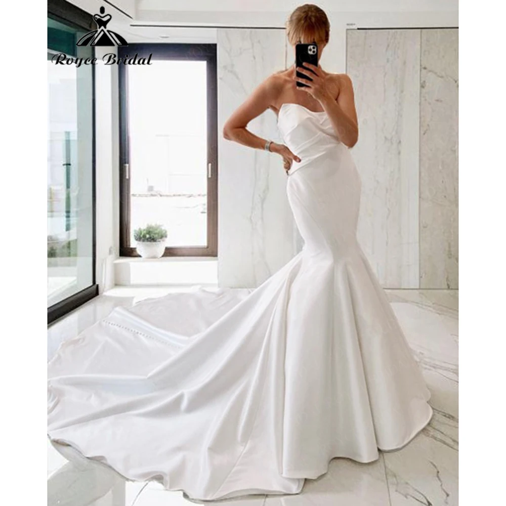 

Roycebridal классическое атласное свадебное платье русалки для женщин 2025 без бретелек с часовней и шлейфом вечерние платья по индивидуальному заказу Robe De Mariée