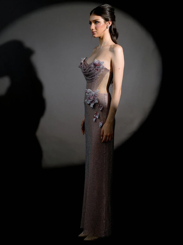 VC Luxury Crystal-Embellished Strapless Maxi Dresses with Sheer Illusion and Draped Detailing – Hollowed Out Formal Long Dress