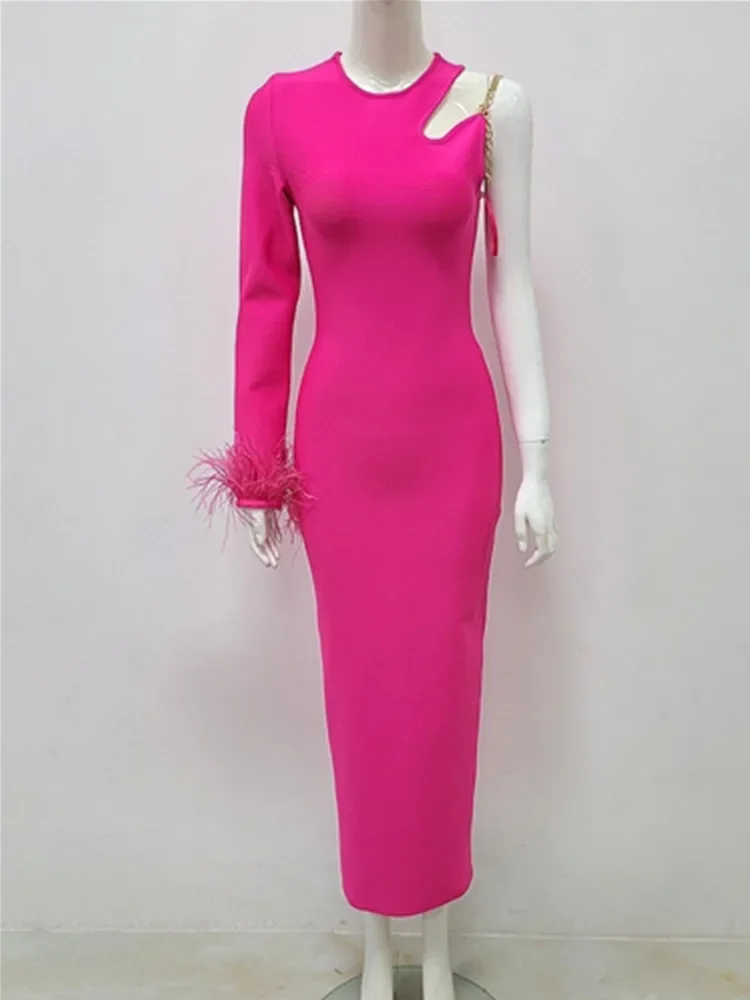 2024 Kobiety Celebrity Sexy Singe Sleeve Chain Feather Pink Black Midi Bodycon Bandage Dress Elegant Evening Club Party Dress