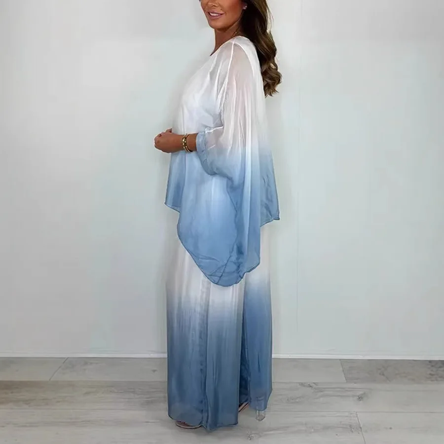 2026 Summer Chiffon Gradient 2 Piece Sets Outfit For Women Fashion Pullover  Wide-leg Pant Two-piece Casual Loose Sets