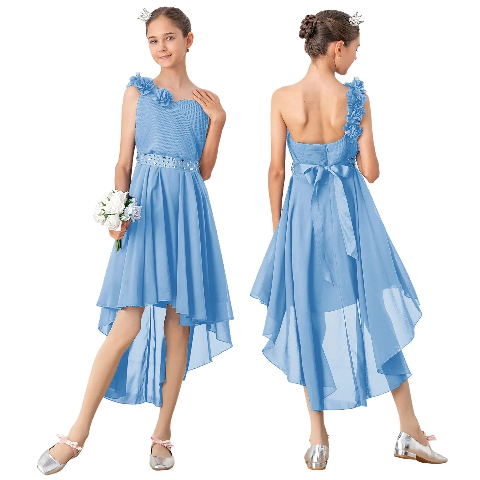 فستان بناتي صيفي من الشيفون على شكل زهرة بكتف واحد أنيق لوصيفة العروس وحفلات أعياد الميلاد للأطفال فستان طويل فستان الأميرة #3