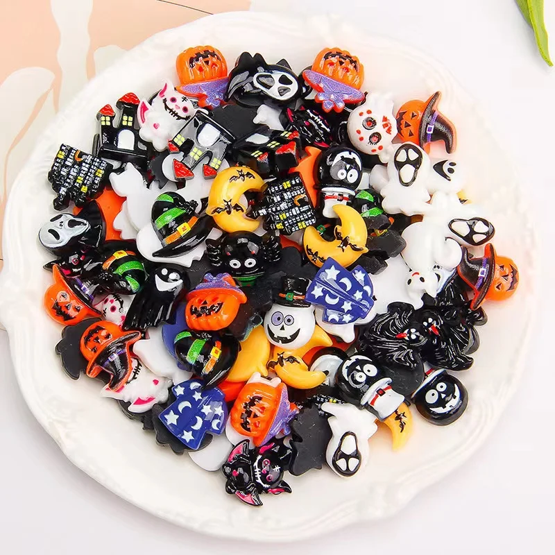 50/100/200pcsMixed Halloween Cute Resin Whitch Hat Cat Pumpkin Moon Ghost Charms for DIY Jewelry Making Accessories