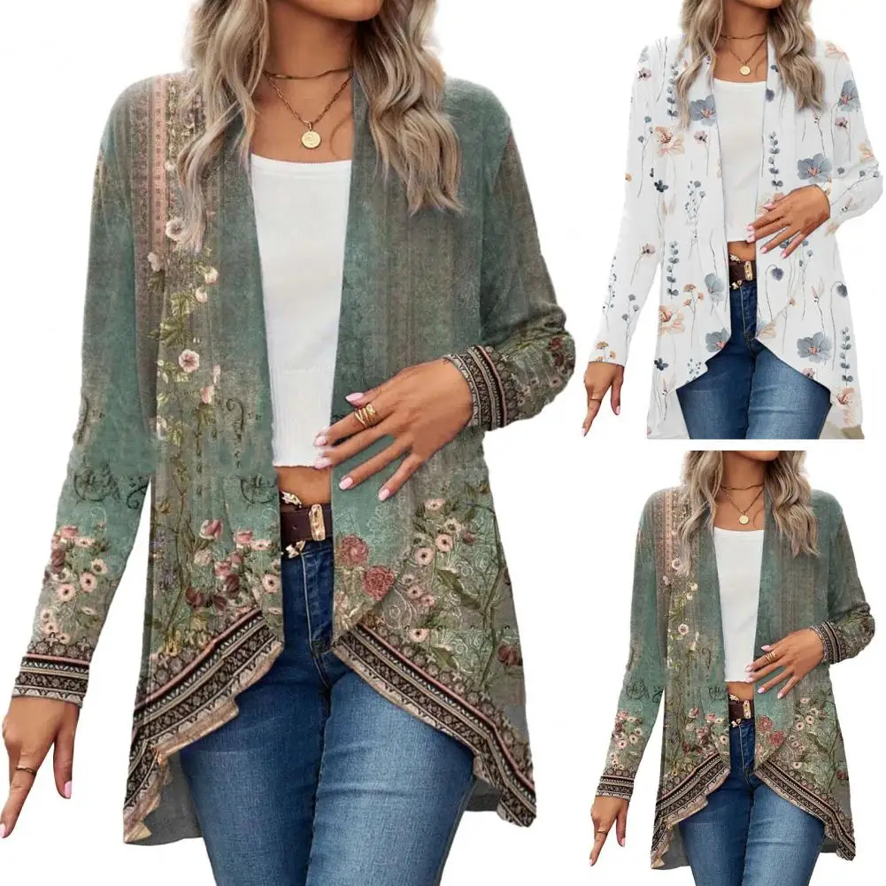 Manga longa sem gola irregular bainha floral casaco cardigan estampado feminino, jaquetas frontais abertas