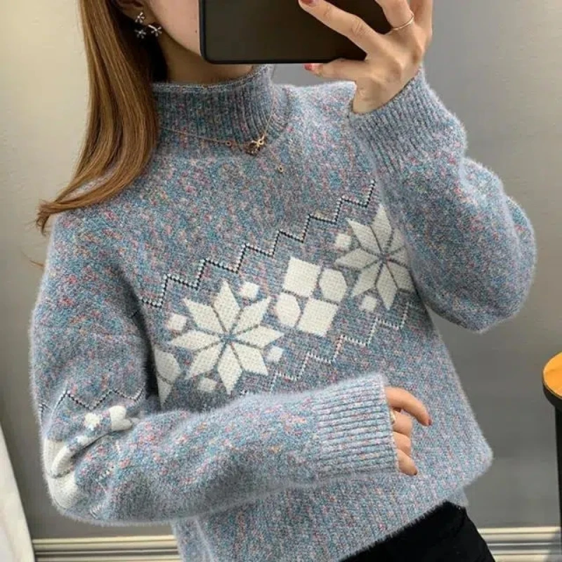 High Collar Knit Sweater with Floral Print, Long Sleeve, Korean Style, Harajuku Fashion, Autumn and Winter Pullover