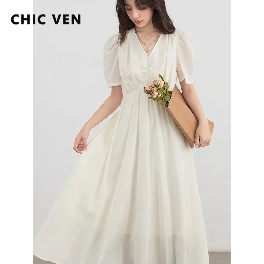 

CHIC VEN New Women Dresses Solid Loose Casual New V-neck A Line Short Bubble Sleeves Female Long Dress Spring Summer 2025