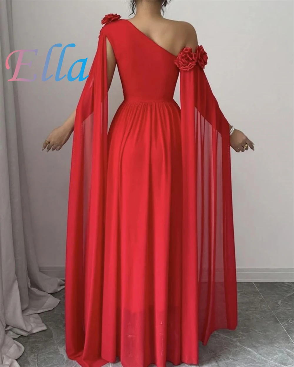 Robe de soirée en mousseline de soie rouge gracieuse personnalisée, asymétrique épaule dénudée, robes à fleurs, robe de bal délicate avec traîne à balayage, 2025