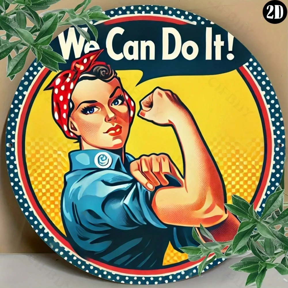 Vintage We Can Do It Rosie The Riveter Metal Tin Sign, Retro Pop Art Feminist Icon with Red Polka Dot Bandana Round Wall Art Dec