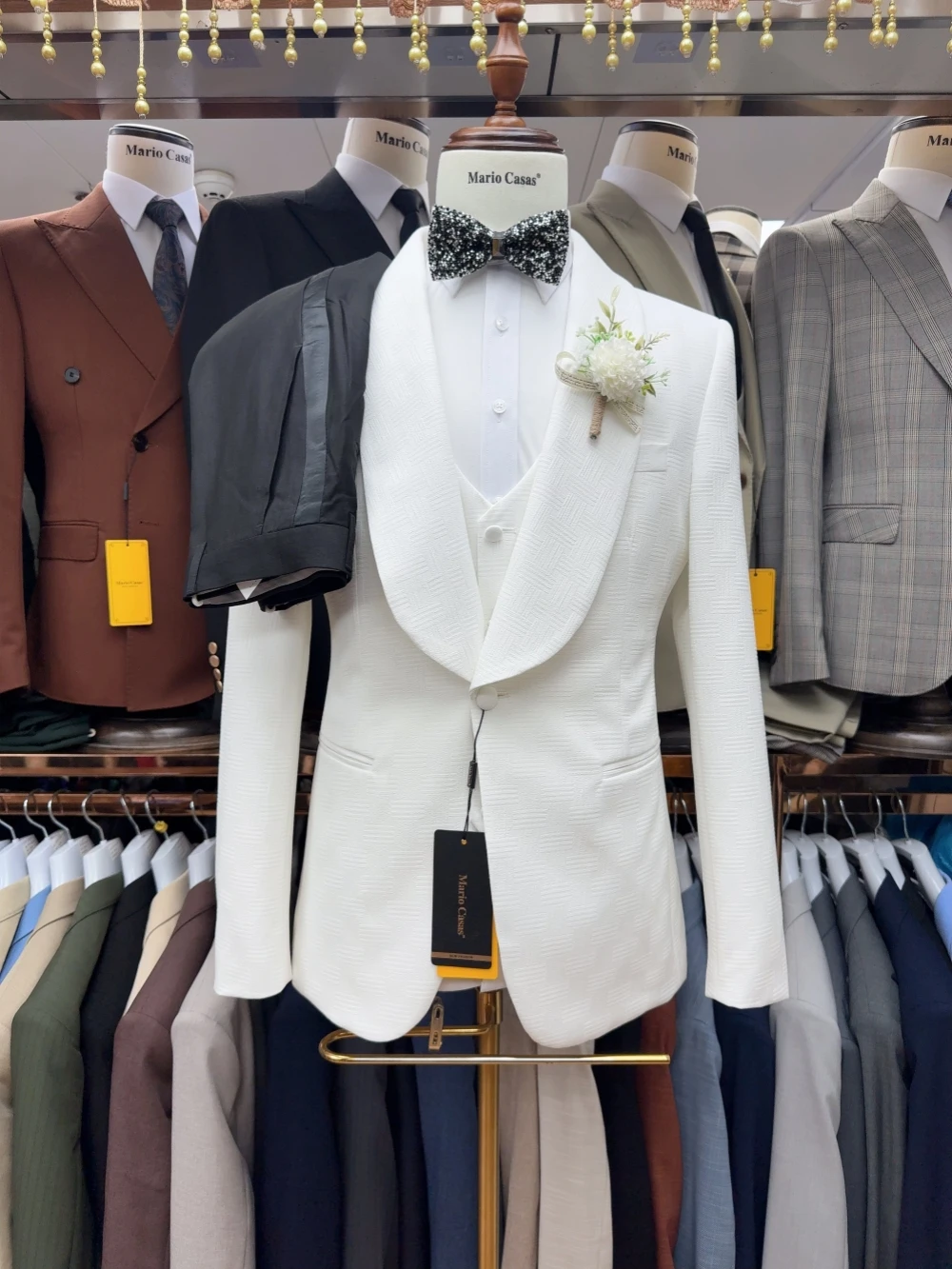 White Fully Jacquard Suit Set 3 Pieces For Men Wedding Groom Sets Handsome Elegant Shawl Lapel Men's Suits Party Tuxedo S-3XL