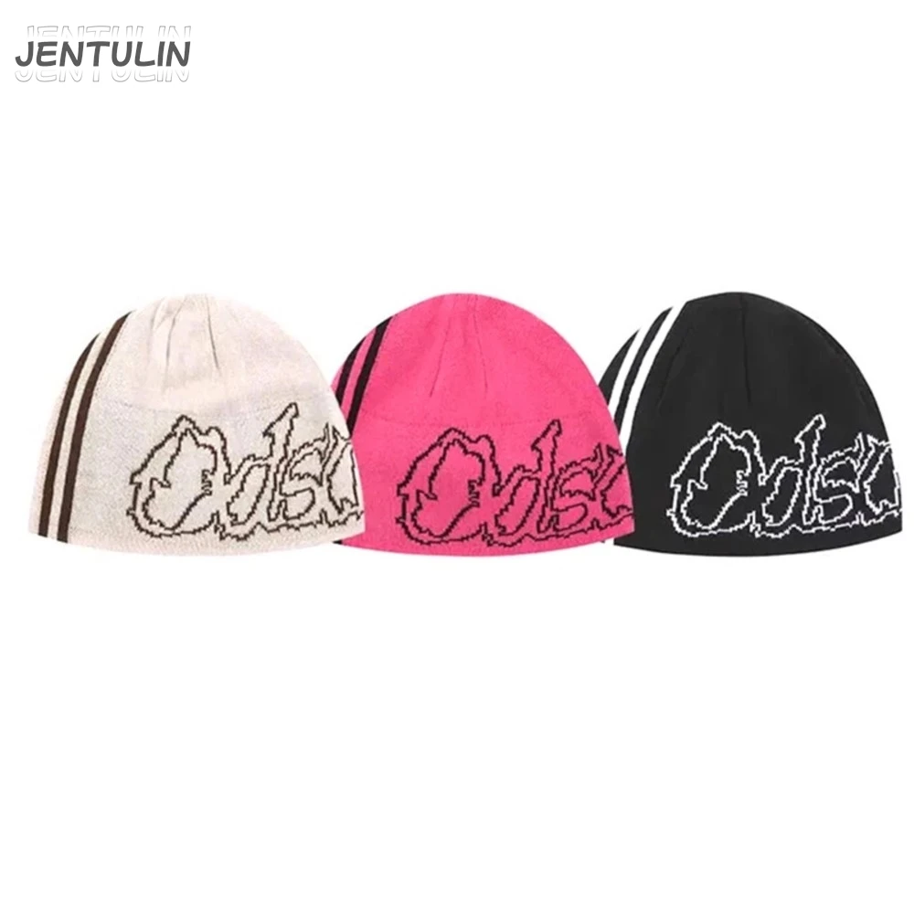 Men Beanie Kpop Letter Hat Y2k Black Knit Hip Hop Streetwear Wool Winter Korean Fashion Pullover Accessories Jacquard Women Caps