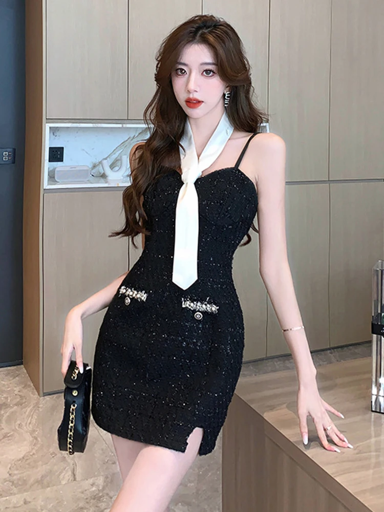 Fashion Ladies Black 2 Pieces Outfits Women Elegant Coat Jacket Outwear And Sexy Strap Slim Mini Dress Short Set Street Clothes