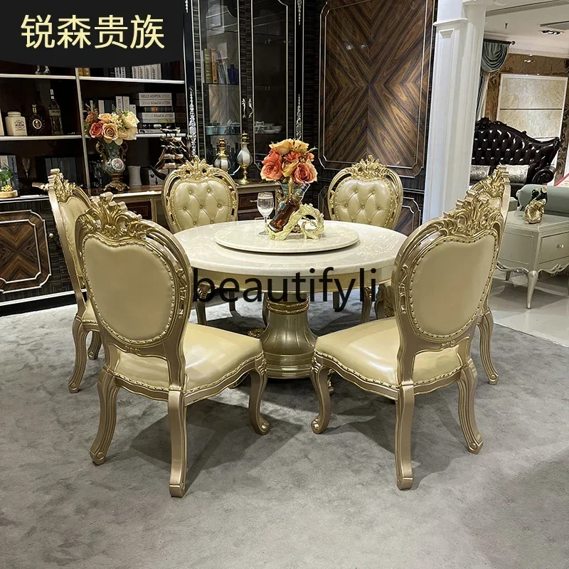 French solid wood round dining table marble luxury carved dining room matching furniture2936