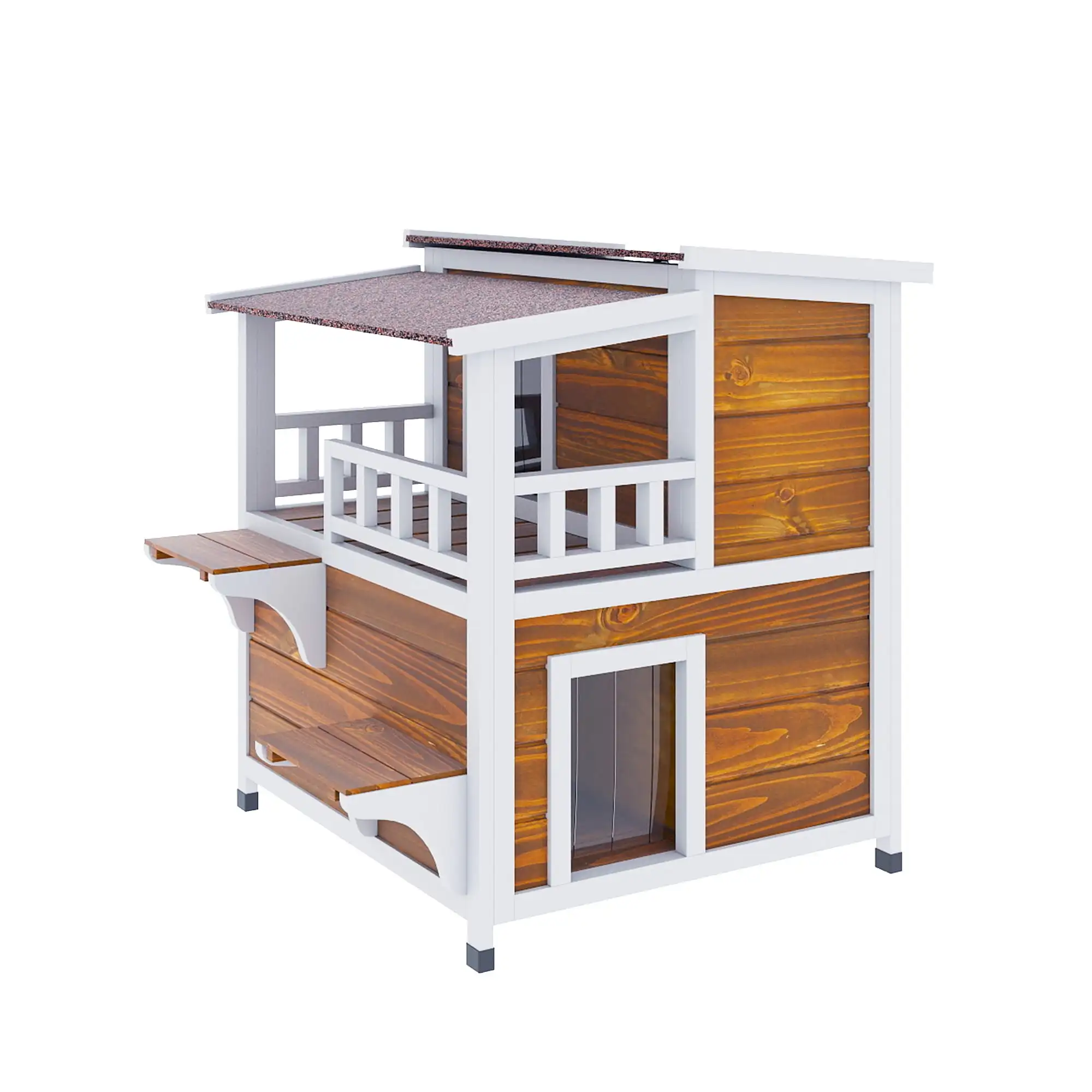 

Two Story Outdoor Cat House, Cat Shelter Weatherproof Wooden Cat House with Balcony - Brown