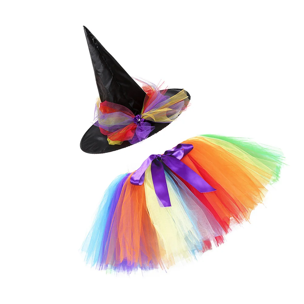 

2Pcs Halloween Witch Costume Rainbow Mesh Tutu Dress Hat Party Skirt Set Size S Halloween Rainbow Tutu Dress Suit