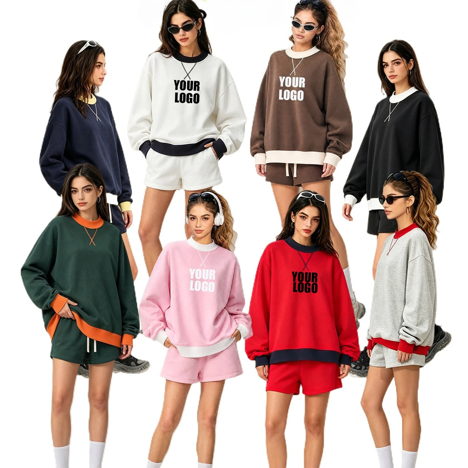 Personalized LOGO custom women's 350G cotton polyester velvet semi-high crew neck sweater warm autumn winter American sweater
