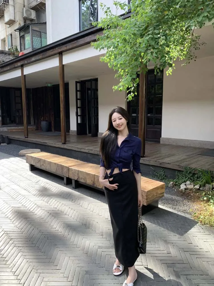 

2024 Sexy Mature Two Piece Skirt Sets Turn Down Collar Half Sleeve Short Slim Shirt Tops + High Waist Long Skirt Female Outfits
