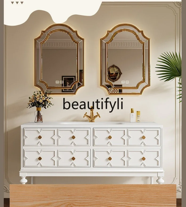 

French retro wind rock slab hot bending integrated basin floor rubber wood smart bathroom cabinet washstand