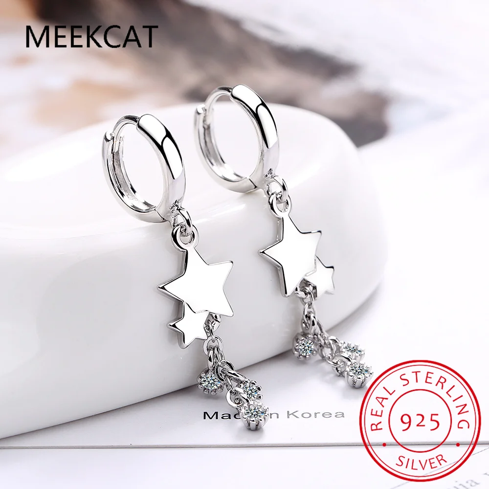 925 Sterling Silver Star Hoop Earrings Long Tassel Ear Buckles Pave Setting CZ for Women Fine Jewerly BSE699