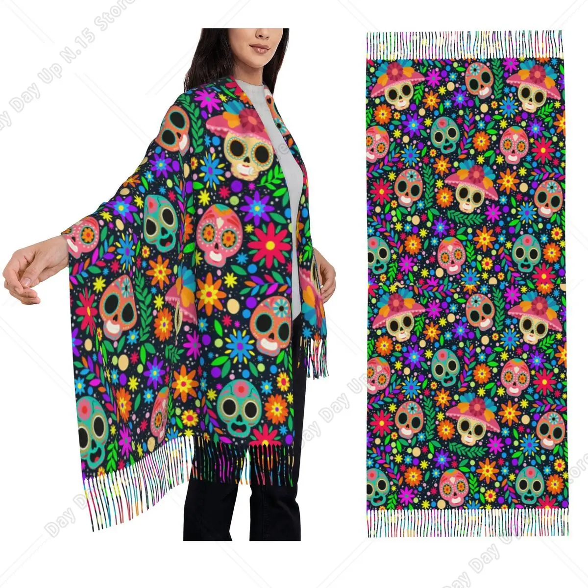 Sugar Skull Mexican Flower Halloween Day Of The Dead Scarf Tassel Scarves for Women Shawl and Wraps Large Fall Winter Shawl Wrap