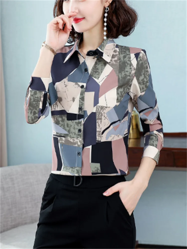 Fashion Chiffon Blouses Women Shirt Floral Top Basic Cardigan Women Shirts Polo Neck Long Sleeve Blous Button Up Female Blouses