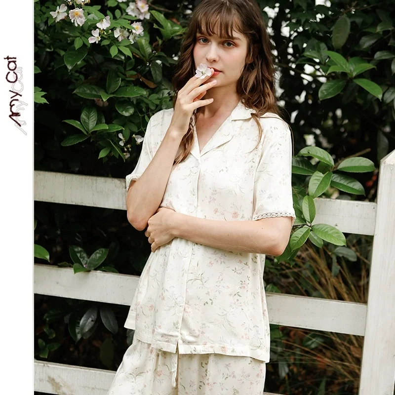 

Summer Lightweight Fresh Style Willow Leaf Print Short-Sleeve & Full-Length Pants Pajamas - Rayon Loungewear Suitable for Outer