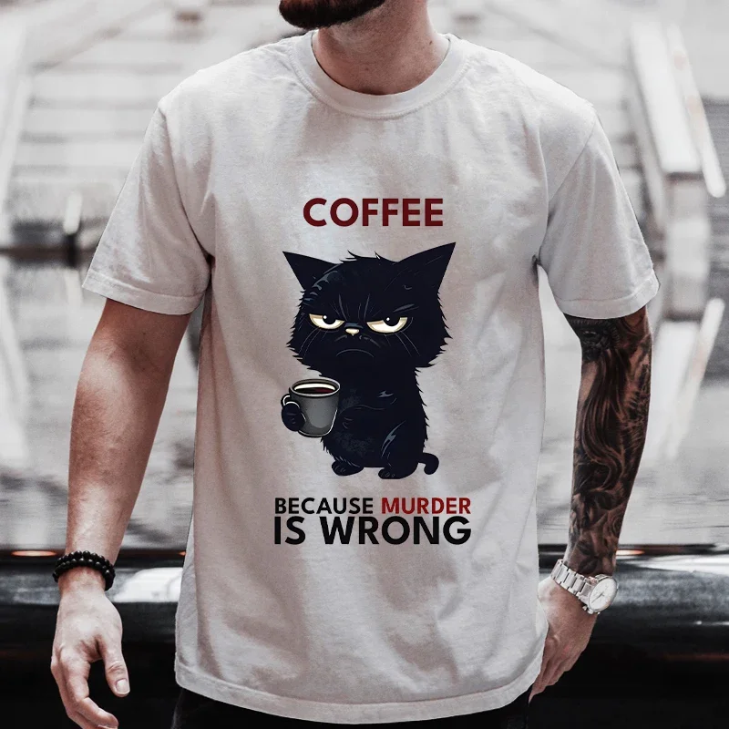 Men's Street Wear Cat Lover Funny Coffee Because Murder Print T-shirt Short Sleeve O-neck Streetwear Summer T Shirts Men S-5xl