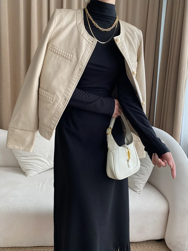 UCXQ Fashion PU Jacket European Style Gold Single Breasted Casual All Match Woven Leather Coat Women 2024 New Spring Autumn 1237