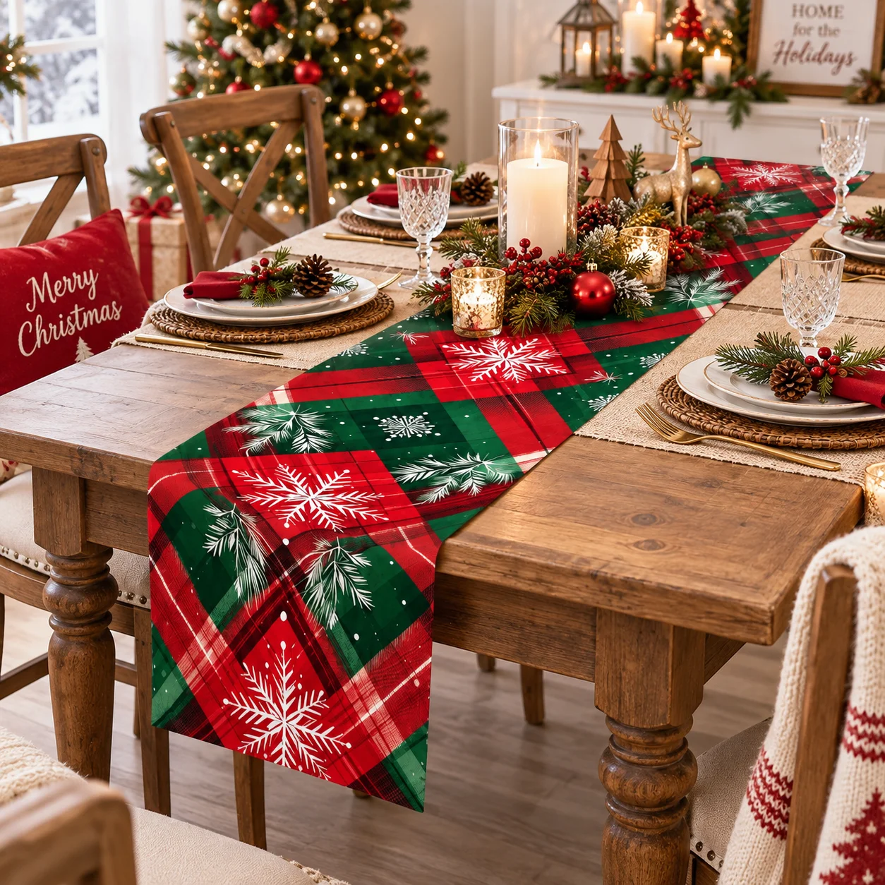 Christmas Table Runner Red Green Plaid Snowflake Print, Holiday Table Decor, Seasonal Dining Table Decoration for Xmas Party