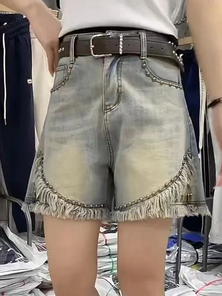 

Heavy Embellied Frayed Hem Denim orts Casual Summer New Sle Five-Point Faion Trendy Versatile Women's orts High Waist