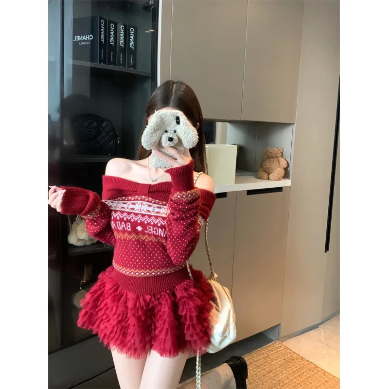 

Длинный свитер в стиле ретро Fair Isle на одно плечо, женский зимний свитер 20225, новинка Ele ort, утягивающий вязаный свитер irt для поездок на работу